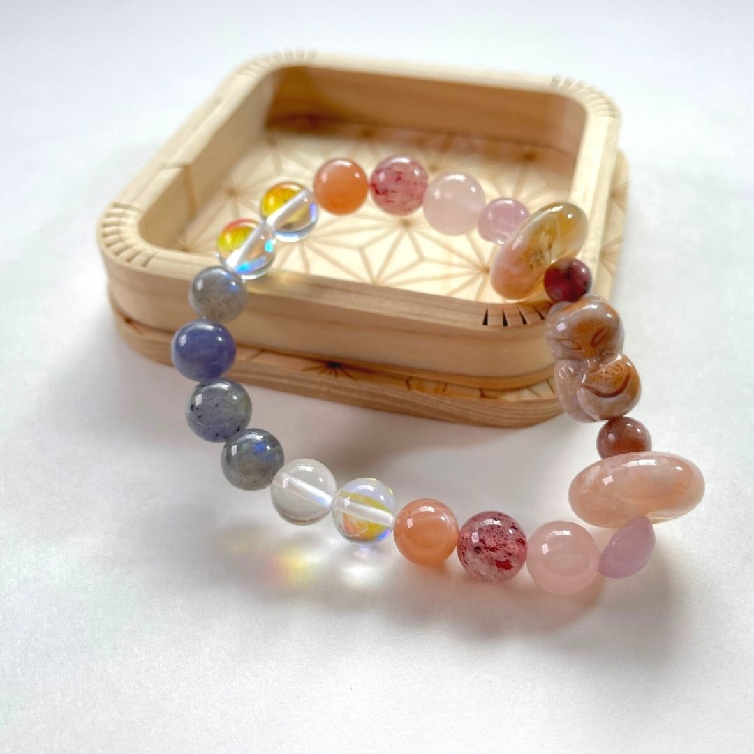 高品質 フォシルコーラル サクラアゲート 天然石ブレスレット 水晶