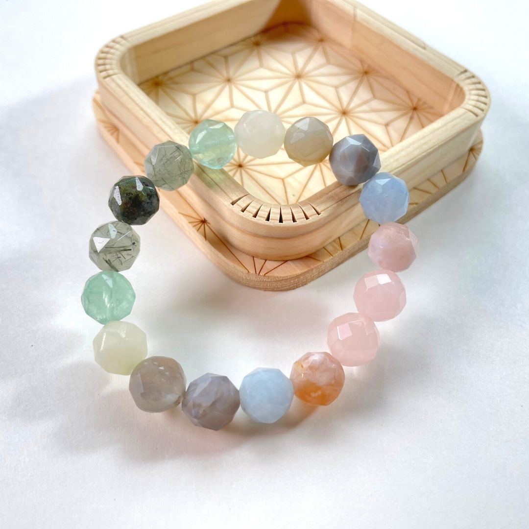 【限定1点】天然石　超特大フローライト薔薇　水晶　カット水晶　ブレスレット 1点もの】ブレスレット(薔薇カットフローライト、薔薇カット水晶